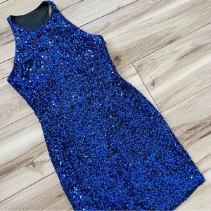 Stunning Vintage 100% Silk Blue Beaded Sequin High Neck Mini Cocktail Dress